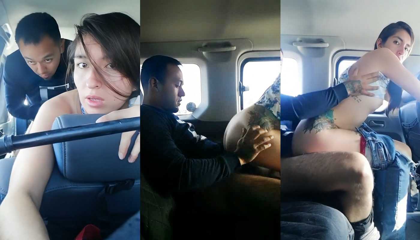 Sexy Girlfriend in White Blue Top Car Doggy Style Fucking