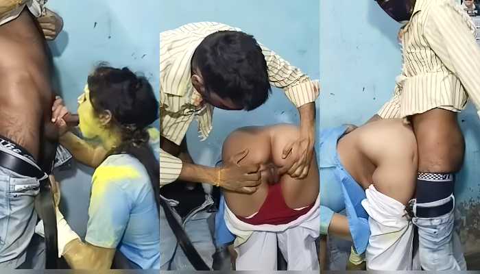 Desi Village School Girl Playing Holi Giving Blowjob to Lover & Doggy Style Hard Fucked