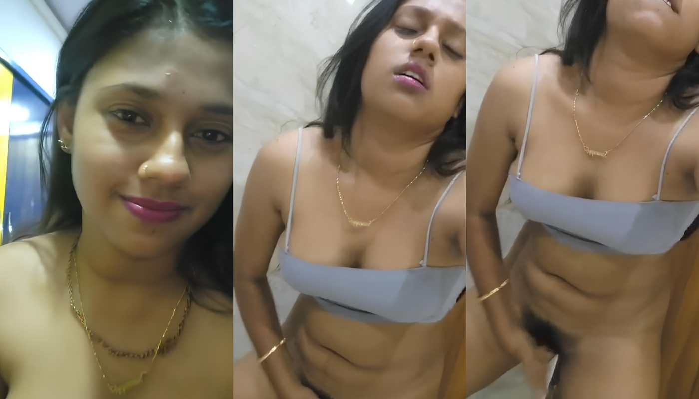 Cute Girl in Blue Bra Standing Fingering In Front Of Camera