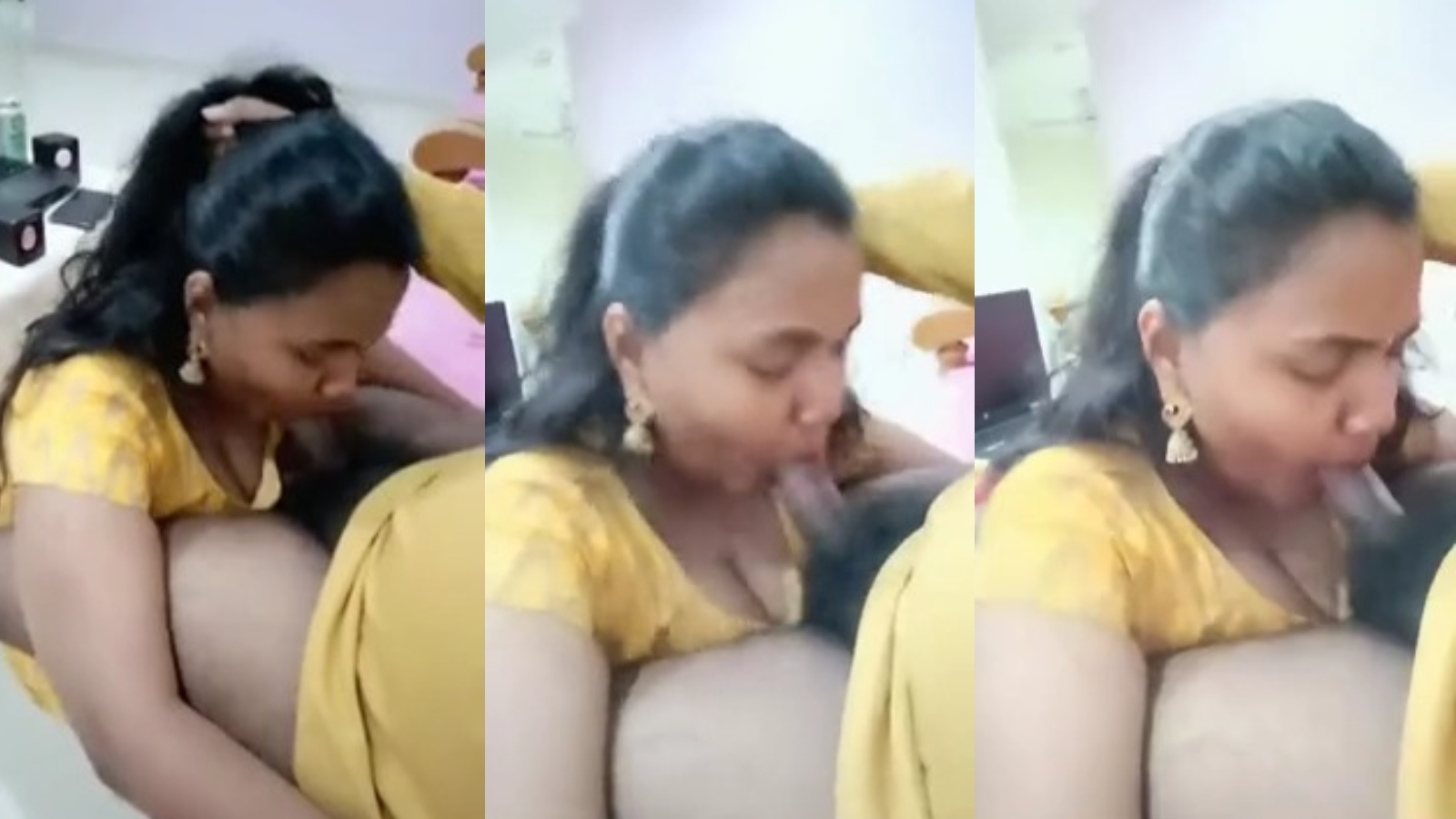 Yellow Dress Horny Wife Stop Husband Work and Give His a Sexy Blowjob